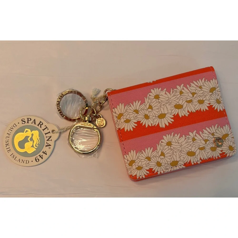 NWT Spartina 449 Audubon Daisy Stripe Card Holder Keychain Wallet Pink MSRP $29